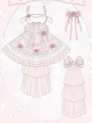 Pink Floral Jacquard Jumper Skirt Princess Dress Lace-up Detail Basque Waist