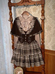 Dark Academia Fashion Little Detective Plaid Dress Black and Gray Jumper Skirt + Cape Set