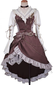Steampunk Brown Waistcoat + Shirt + High-low Skirt Set