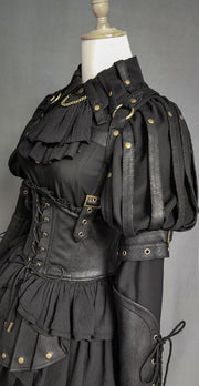 Black Gothic Under Bust Corset High Waist Layered Pleated Skirt with Shoulder Straps